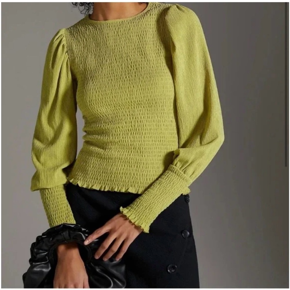 Anthropologie Smocked Puff-Sleeved Top Guacamole Green Size XL